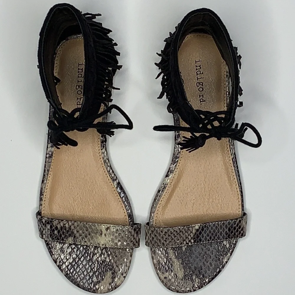 Indigo Black Fringe Sandals Size 8